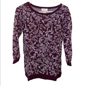 Ann Taylor Loft Burgundy Floral Knit Sweater 3/4 Sleeve Size Medium